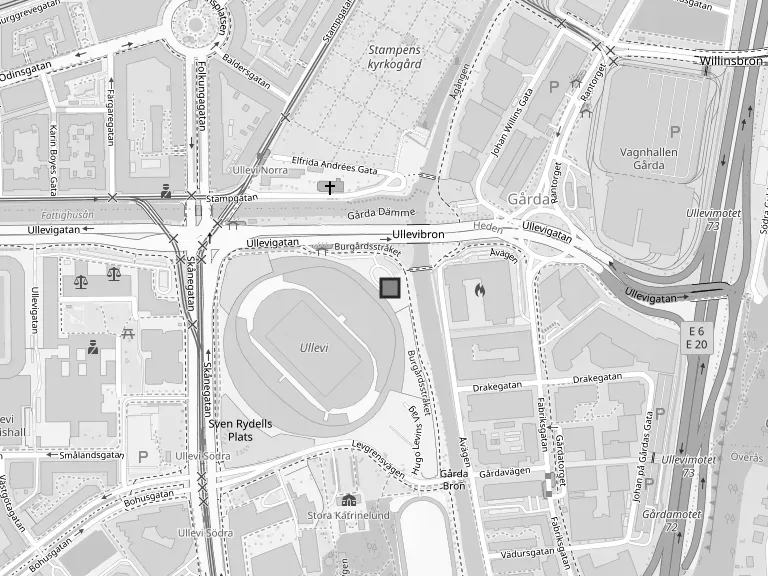 Karta över Nya Ullevi med klubbens ingång vid Hugo Levins plats markerad